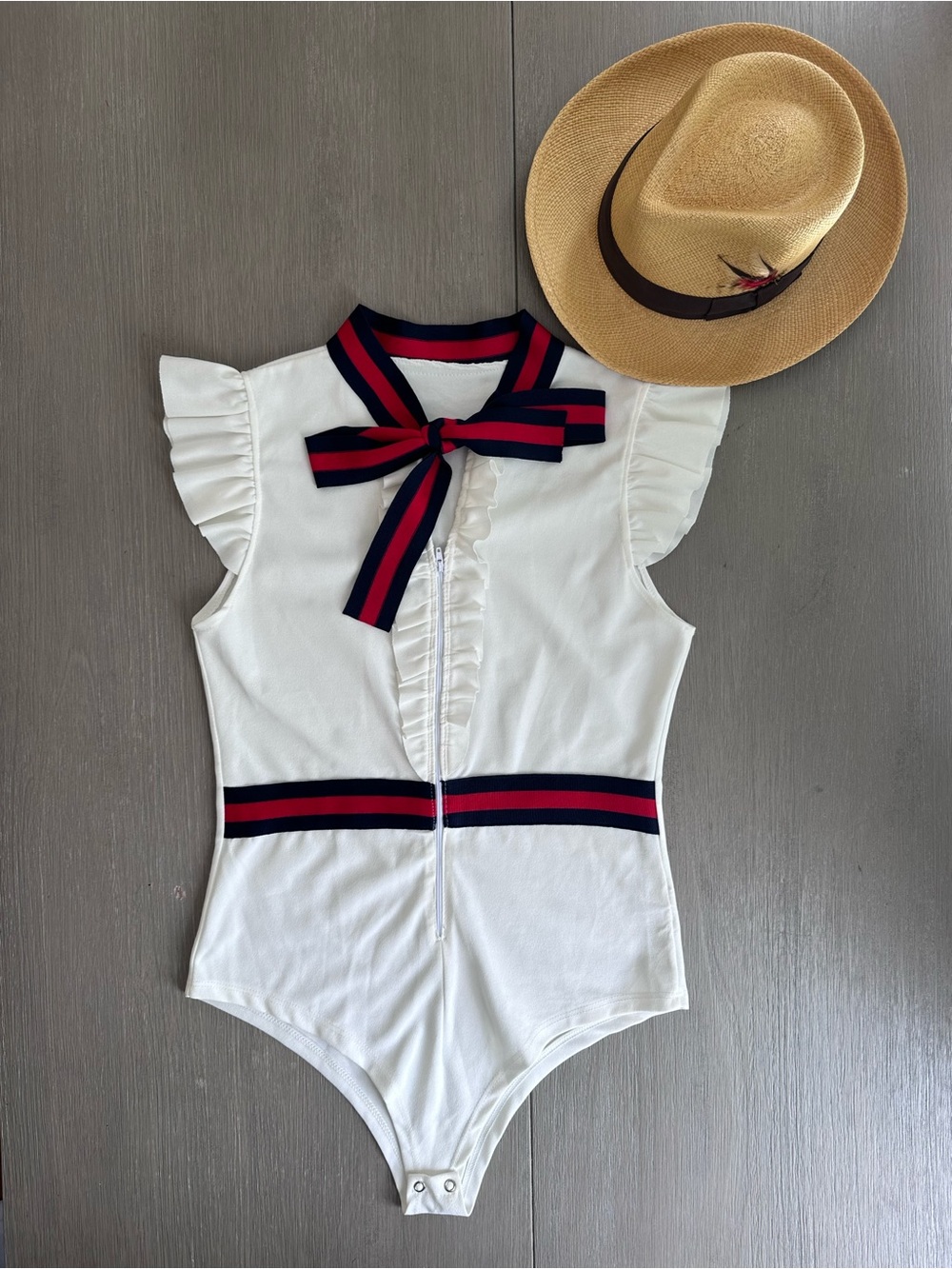 Women's One-Piece White Bodysuit with Navy & Red Trim
